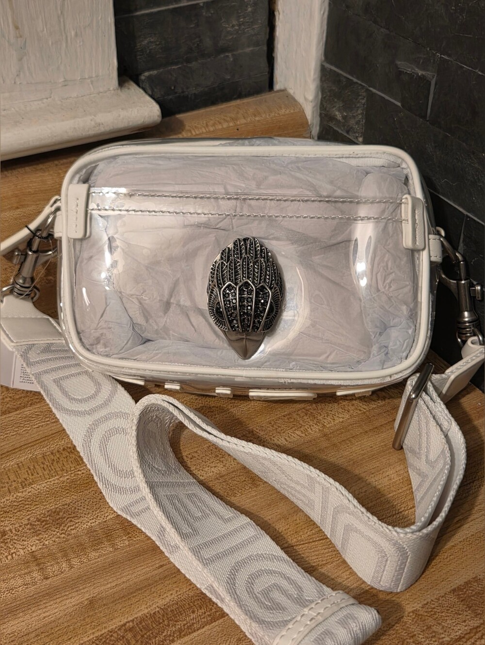 Kurt Geiger NWT Clear Camera Style Bag W/Guitar Strap & Kurt Embossed Bottom